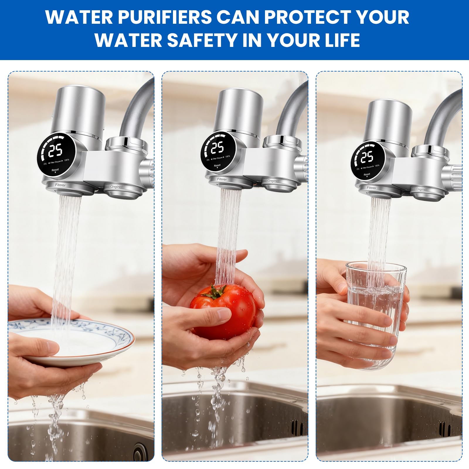 Filtre à Eau Robinet Acier Inoxydable 13 Étapes - Purificateur Eau UV Sans Batterie avec LED - Élimine Chlore/Calcaire/Métaux Lourds - Commutateur Eau Filtrée & Normale - Cartouche Longue Durée