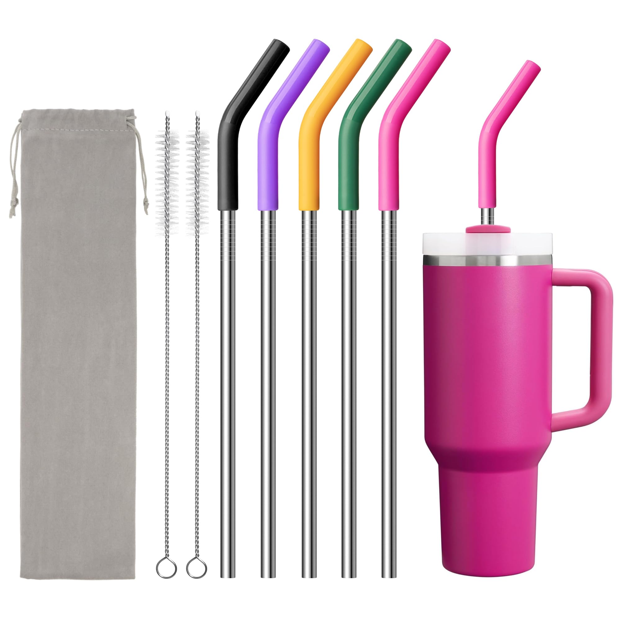 Metal Straw for Stanley 40 oz Cup,Stainless Steel Replacement Straw with Silicone Tips for 40 oz Simple Modern, Meoky, Owala Tumbler, 1 Portable Bag