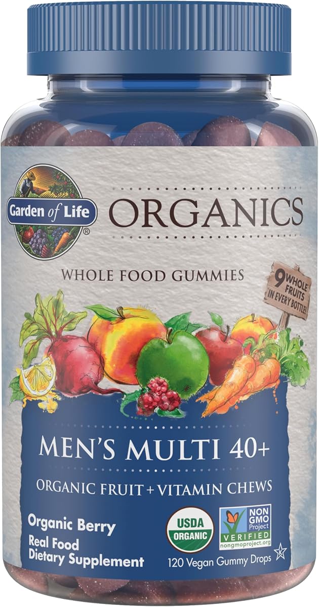 Garden of Life Organics Men 40+ Gomitas multivitamínicas, 120 gomitas | Certificado orgánico, sin OGM, vegano, kosher, multimetil B12, C y D3 completo, sin gluten, soja ni lácteos, fruta real