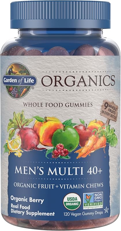 Garden of Life Organics Men 40+ Gomitas multivitamínicas, 120 gomitas | Certificado orgánico, sin OGM, vegano, kosher, multimetil B12, C y D3 completo, sin gluten, soja ni lácteos, fruta real