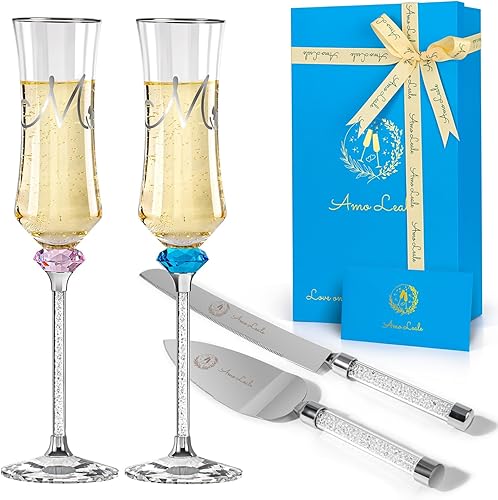 Juego de copas de champán y corte de tartas de boda Mr and Mrs para boda, novia y novio, flautas de tostado, regalos de boda, aniversario, despedida