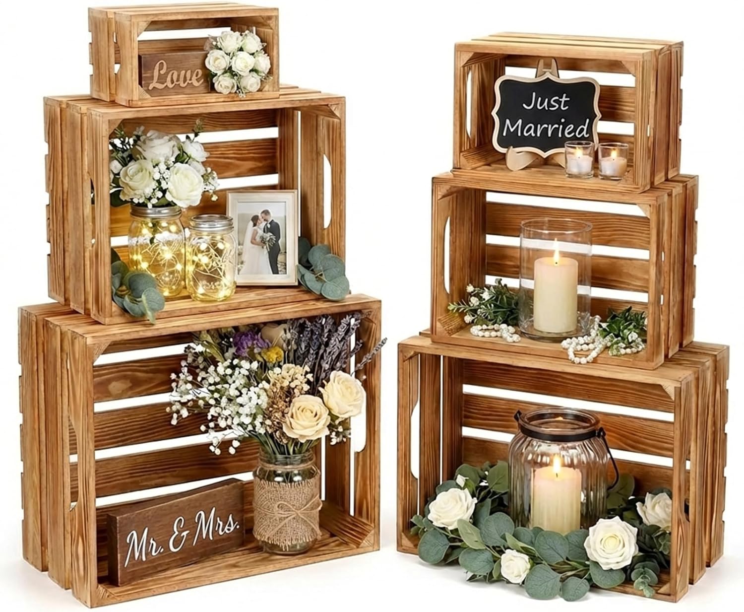 Set of 6 Decorative Wood Crates for Display, 6 Size Farmhouse Wooden Baskets Rustic Nesting Crates Decor Boxes with Handle for Storage, Container, Display, Christmas Decorations