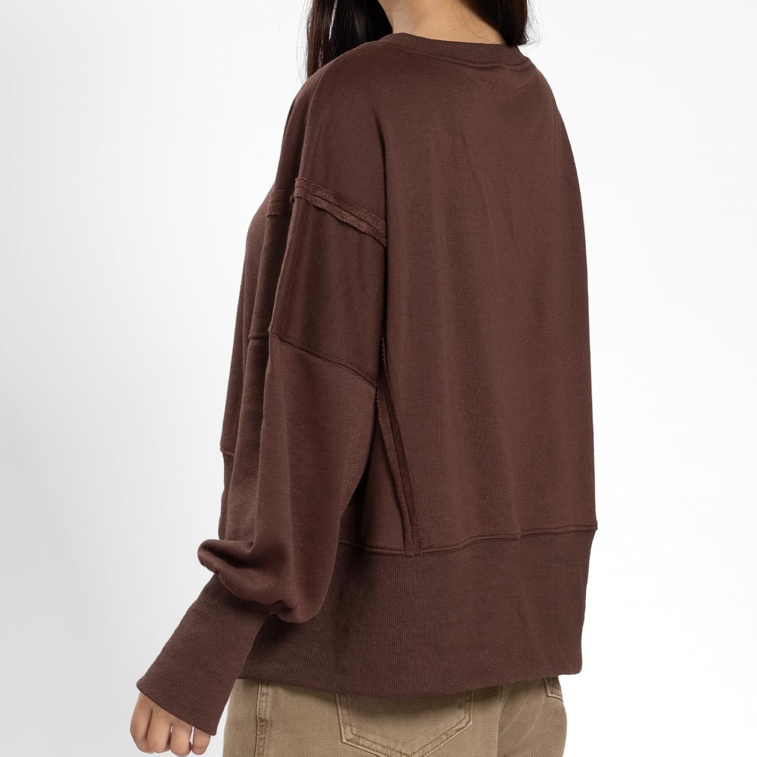 Womens Crewneck Sweatshirts Cropped Long Sleeve Tops Oversize Loose Fit Tee Side Slit Pullover Tshirt - Image 4