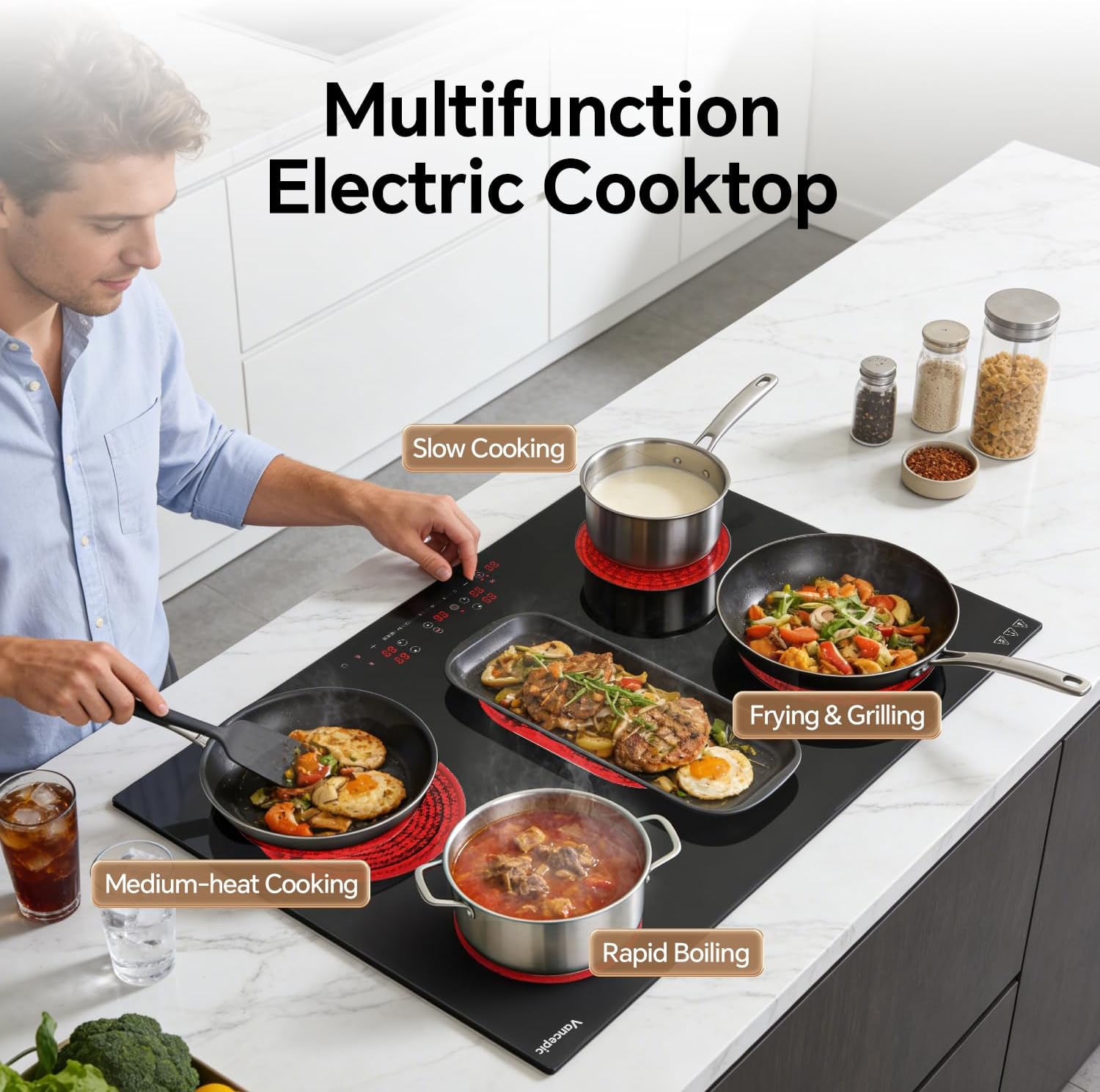 Vancepic 240V Electric Cooktop, 5 Burners, 30'' Ceramic Stove Top, Built-in Magnetic Cooktop 8800W, 16 Heating Level Multifunctional Burner, LED Touch Screen w/Child Lock & Over-Temperature Protection