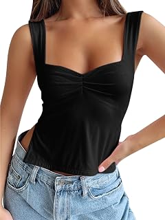Women’s Sleeveless Skinny Crop Tank Top Sexy Pleated Bustier Sweetheart Neck Strappy Y2K Slits Cropped Vest Cami