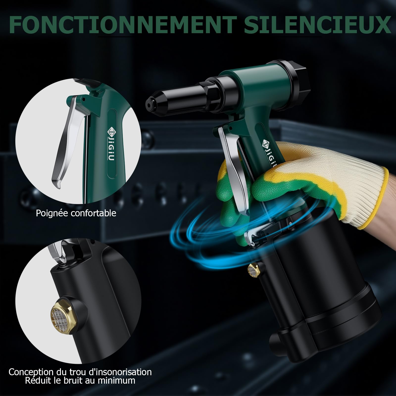 JiGiU Riveteuse Pneumatique 1408KGF avec 4 Buses 2,4 à 4,8mm | Pistolet à Rivets Pneumatique Robuste et Professionnelle, pour Atelier, Voiture, Réparation, Construction, Industrie