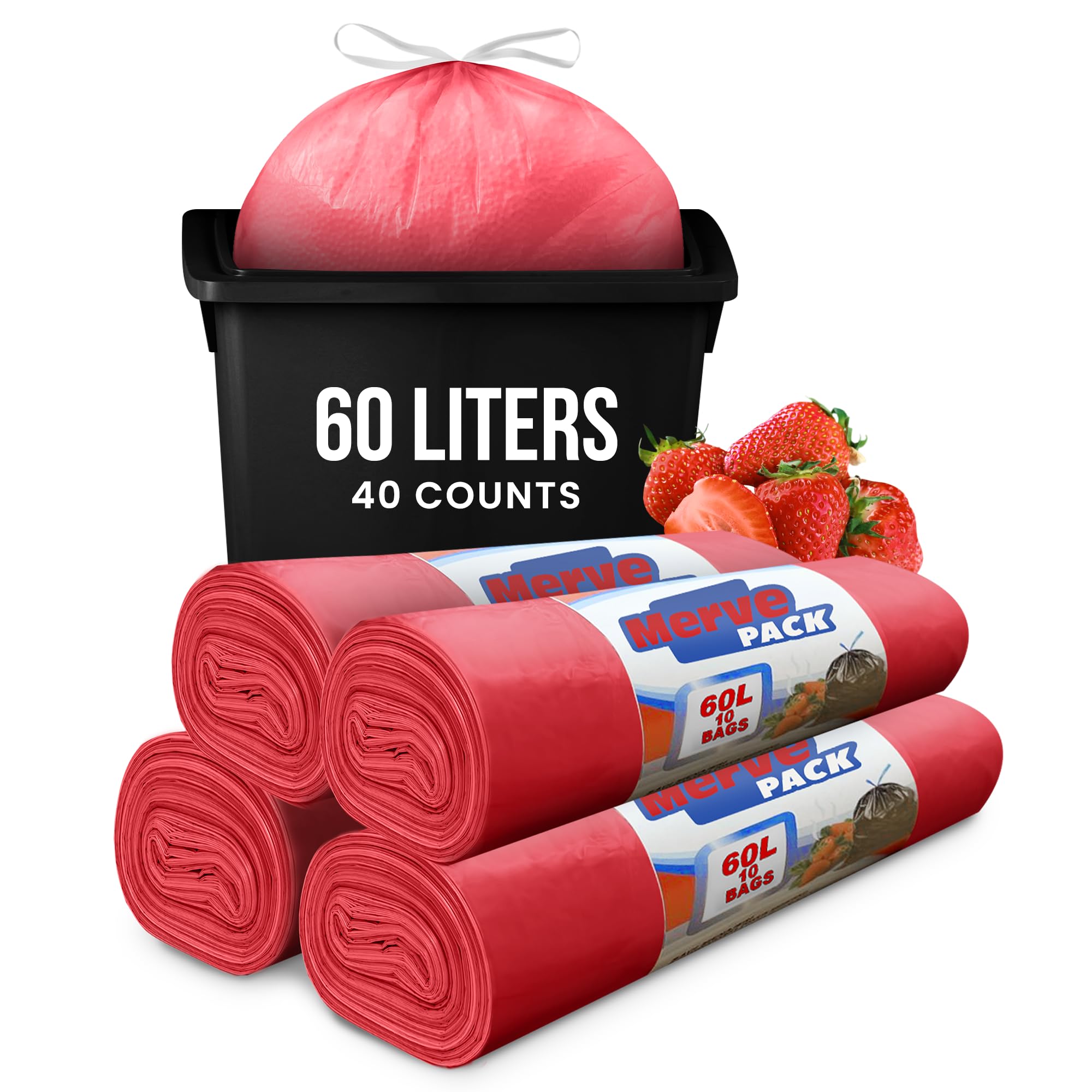 Merve Pack Red 60L Bin Bags Strawberry (40 Bags) – Strong Scented 60L Bin Liners For Kitchen & Bathroom Bins, Small Garbage Bags, Rubbish Bags, Trash Bags, Swing Bin Liners, Pedal Bin Bags For Everyday Waste