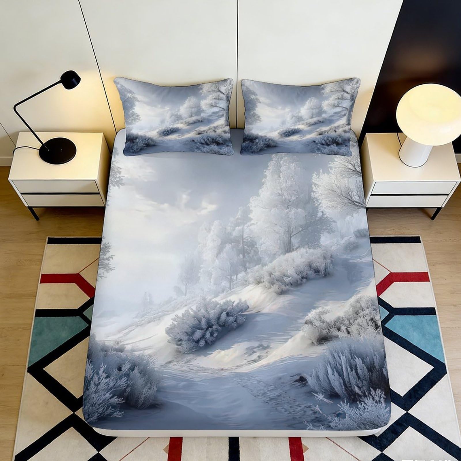 3D Printed Snowy Forest Fitted Sheet Microfiber Soft Grey Winter Landscape Mattress Cover Bedroom Decor 90x200x25cm