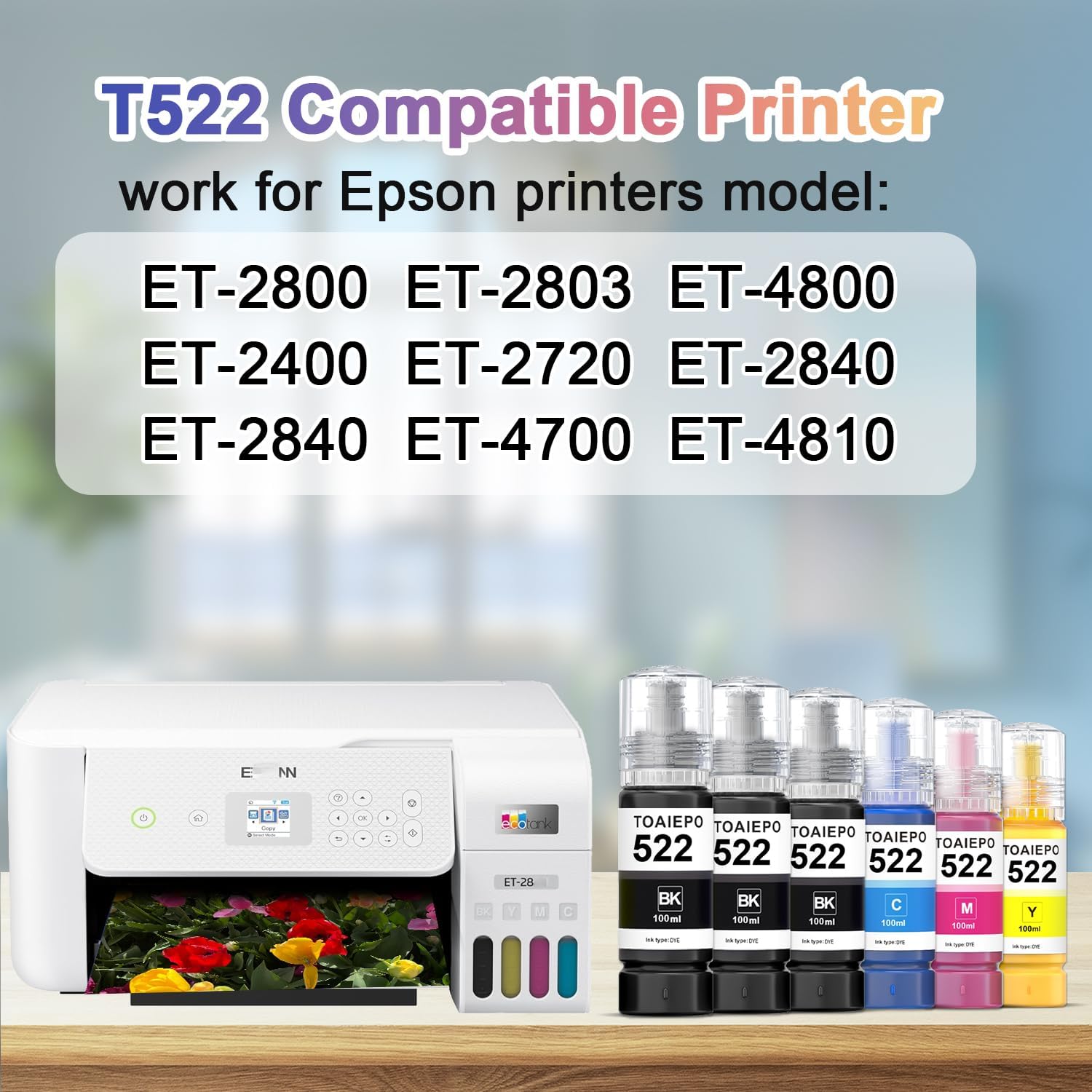 522 Ink Refill Bottles Replacement for T522 Ink Work with ET-2710,ET-2720, ET-2803, ET-2800, ET-4800,ET-4700 Printer, 6 Pack