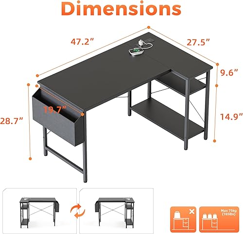 Miniatura 2 de Mericonia Escritorio pequeño en forma de L para computadora con tomas de corriente, escritorio de juegos para espacios pequeños, escritorio de