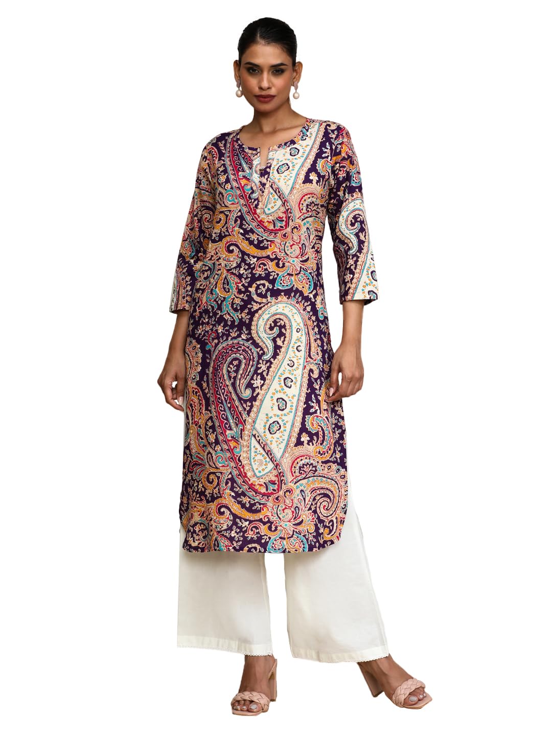 Varanga Women Paisley Printed Three Quarter Sleeve Kurta Purple