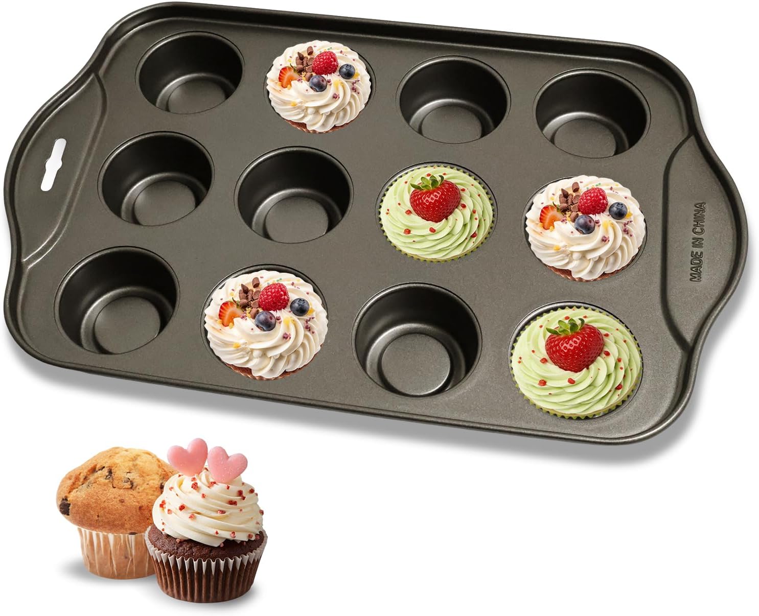 Non Stick Muffin Baking Pan - Mini Cake Pans for Round Cupcake, Carbon Steel Small Muffin Tin Bakeware, Cup Cake Tray Molds for Oven-12 Cup, 8.2 x 13 x 1.4 Inches