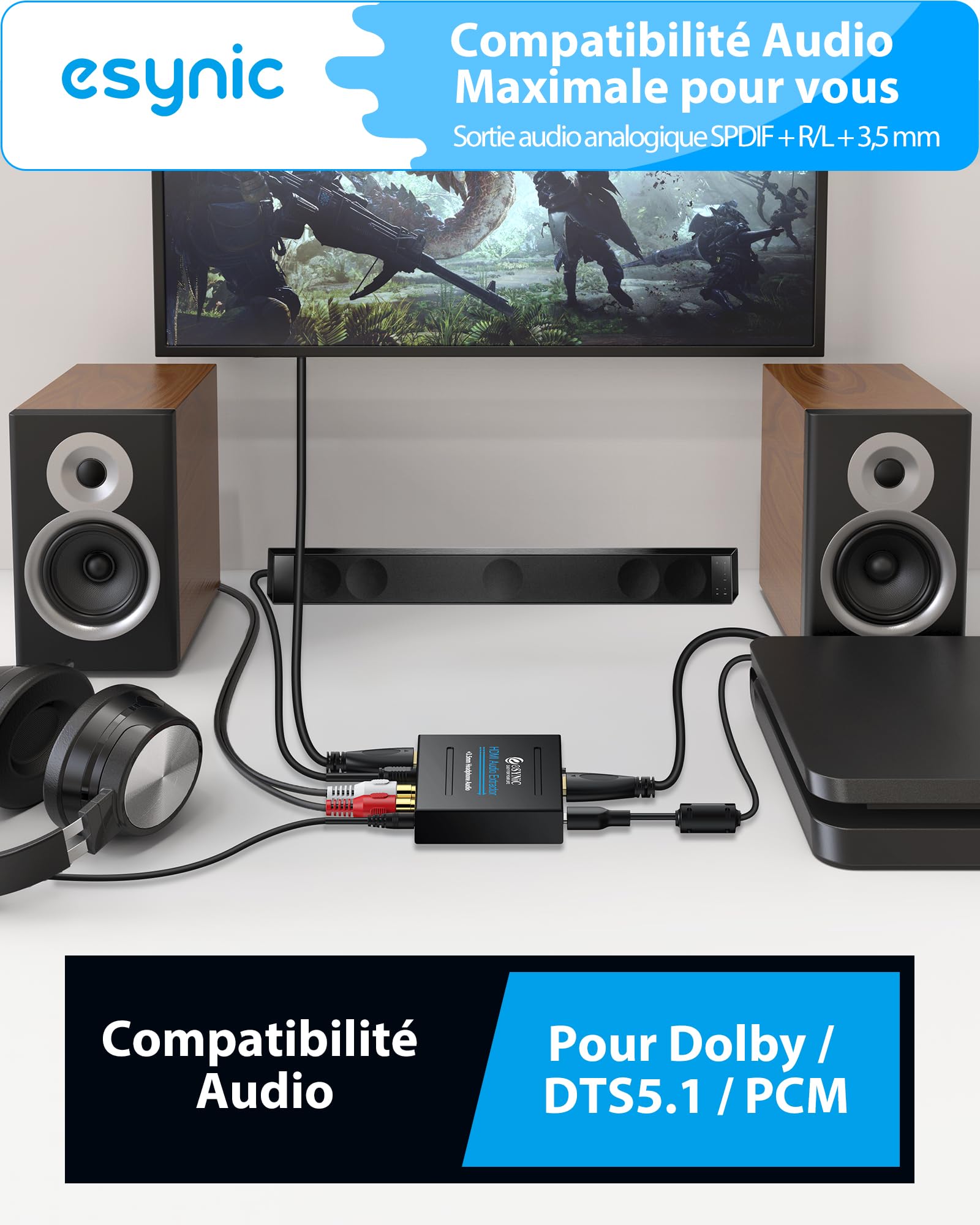 eSynic Extracteur HDMI Audio 4K 1080P Adaptateur vers HDMI Optique TOSLINK Sortie Audio Analogique SPDIF/Stereo L R/3,5mm Convertisseur avec Interrupteur de Puissance pour DVD XBOX Moniteur