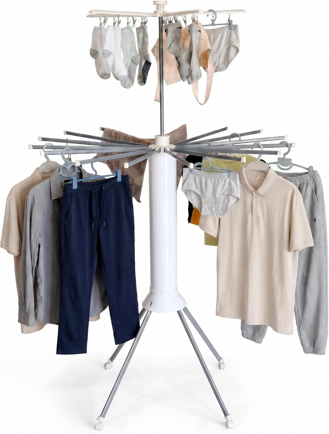 Clothes Drying Rack Foldable with Rolling Wheels, 4-Legged Portable Laundry Drying Rack with 360° Aluminum Arms, Freestanding Garment Drying Stand for Indoor Outdoor (Double-tier without shoe rack)