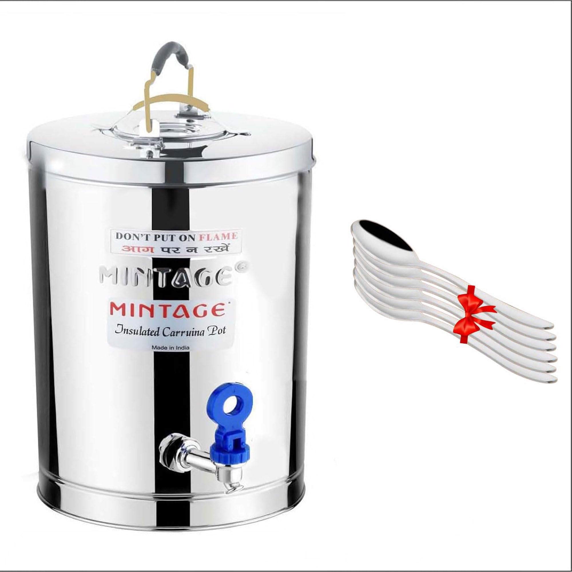 Mintage Steel Tea Container + Free 6 pcs Spoon | 10 Liters Tea Container & 6 Pcs Spoon Coffee Container with Tap Eco Friendly Hot & Cold Dispenser Overnight Storage Ideal as Chai Kettle for Canteen