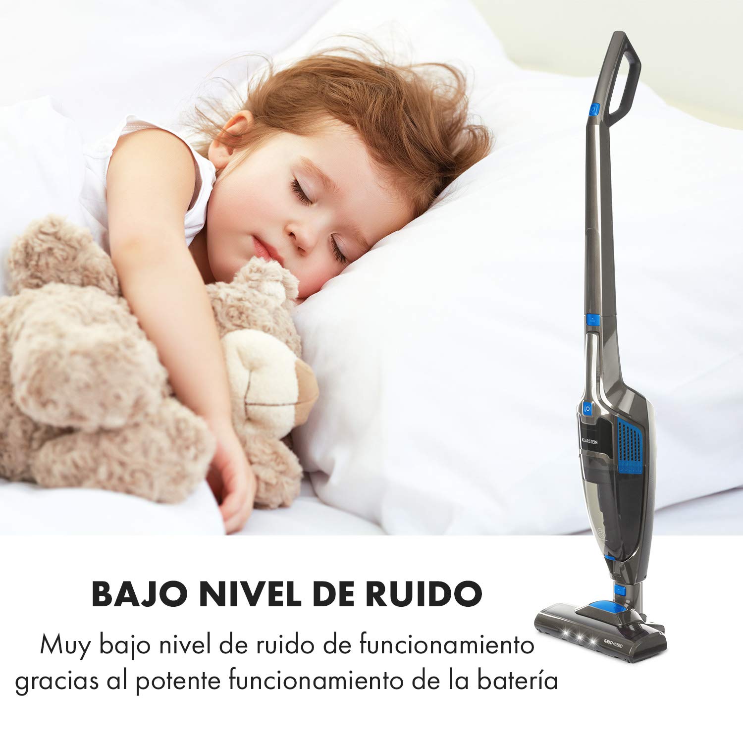 Klarstein TurboHybrid Aspiradora Sin Cable, Aspirador Escoba Ciclónico y de Mano, hasta 50 min de Autonomía, Batería Li-Ion 25,2V, 2 Niveles de Succión, Sin Bolsa, LED, Azul Antracita