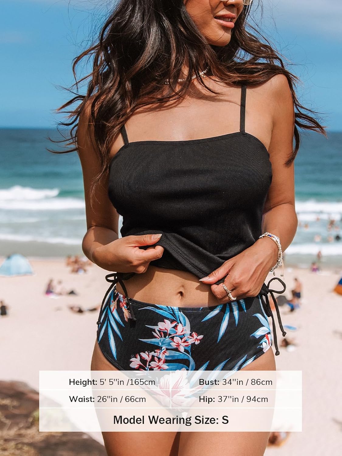 CUPSHE Women's Tankini Set Two Piece Swimsuit Ruched Drawstring Bathing Suits with High Waisted Bottom Rib - Image 4