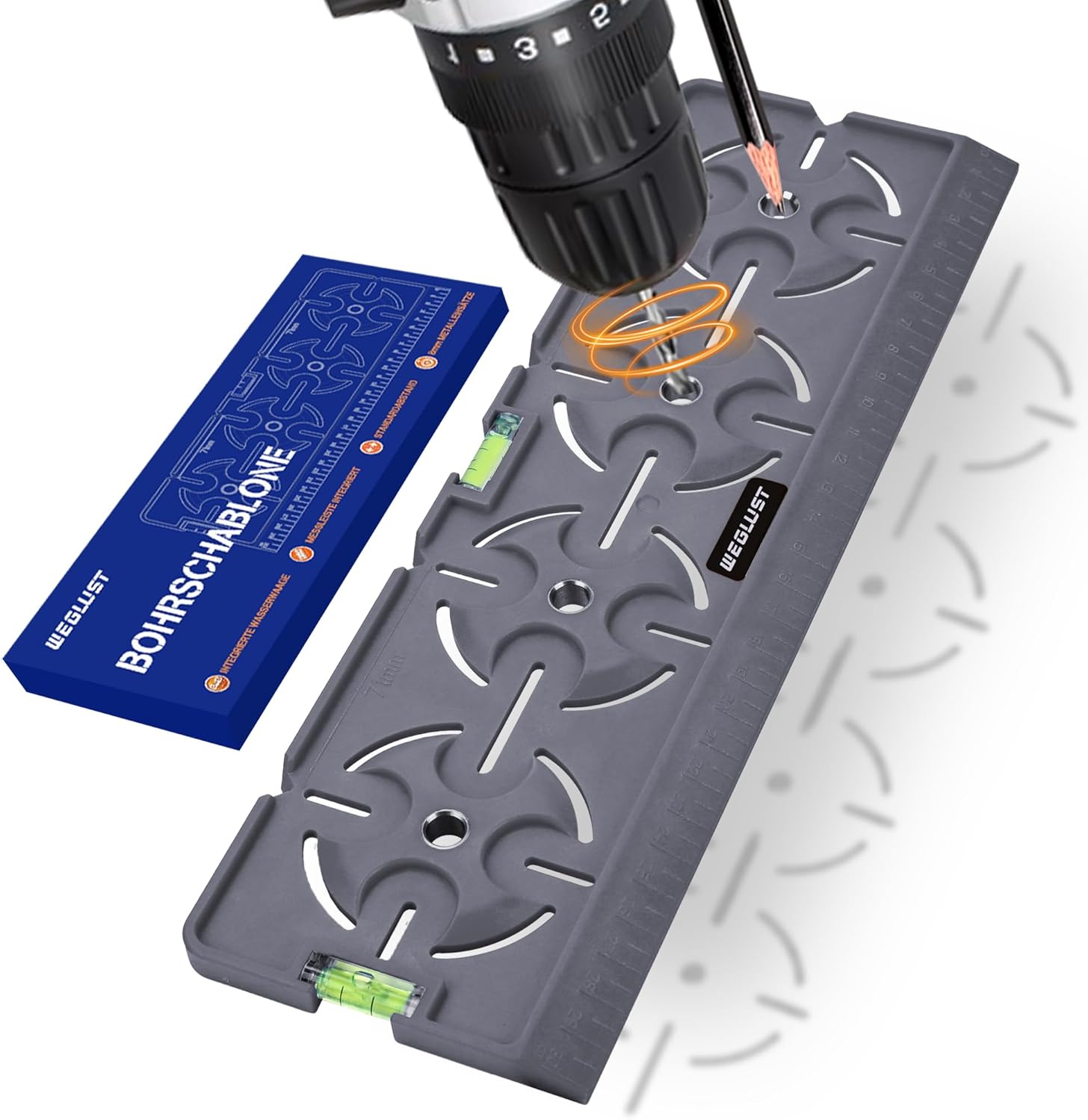 Drilling Template with Spirit Level and Ruler – Multifunctional Precision Tool for Socket, Flush-Mounted Box and Electrical Installation in Drywall (Grey)