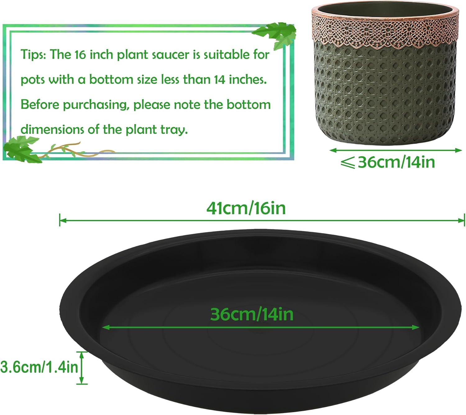 8 pack 16 inch round plant saucers for less 14 inch pot indoors outdoors plant trays for pots planter saucer plastic drip tray planter water tray (black, 16"(8pcs)) 16"(8pcs) black