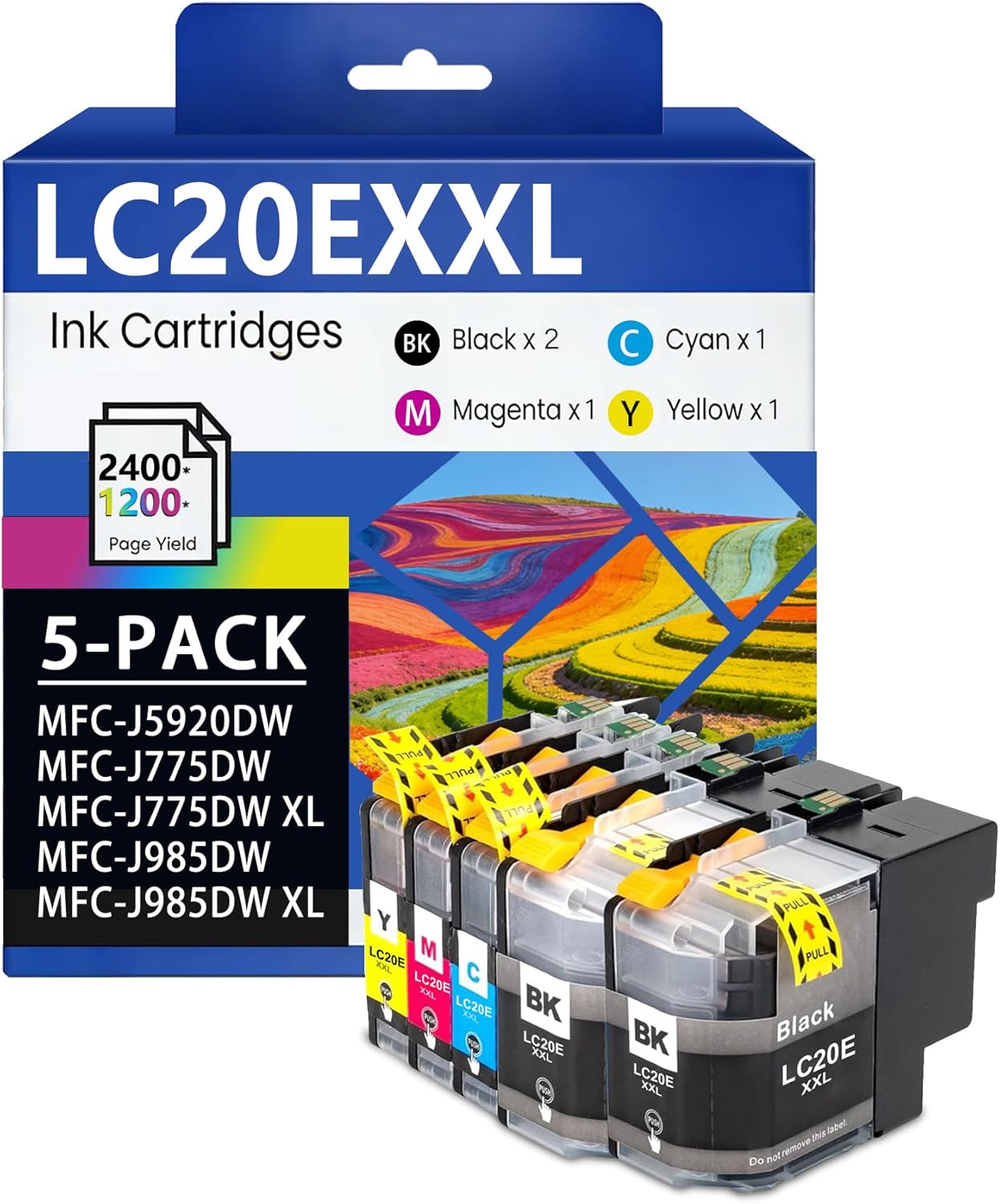 LC20EXXL LC20E Ink Cartridges Set 5-Pack with Super High Yield Replacement for Brother LC20EBK LC20EC LC20EM LC20EY MFC-J985DW MFC-J775DW MFC-J5920DW Printers Printer LC20E XXL Ink (2BK/C/M/Y)