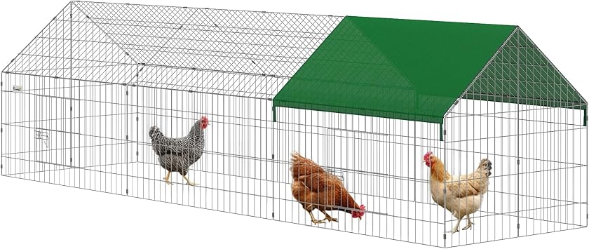 PawHut Metal Chicken Coop, 106" x 30" x 30" Chicken Run for Yard with Cover, Poultry Cage, Outdoor Portable Hen Enclosure Crate Kennel Duck Coop Hutch for Backyard Small Animals Duck Rabbit, Green