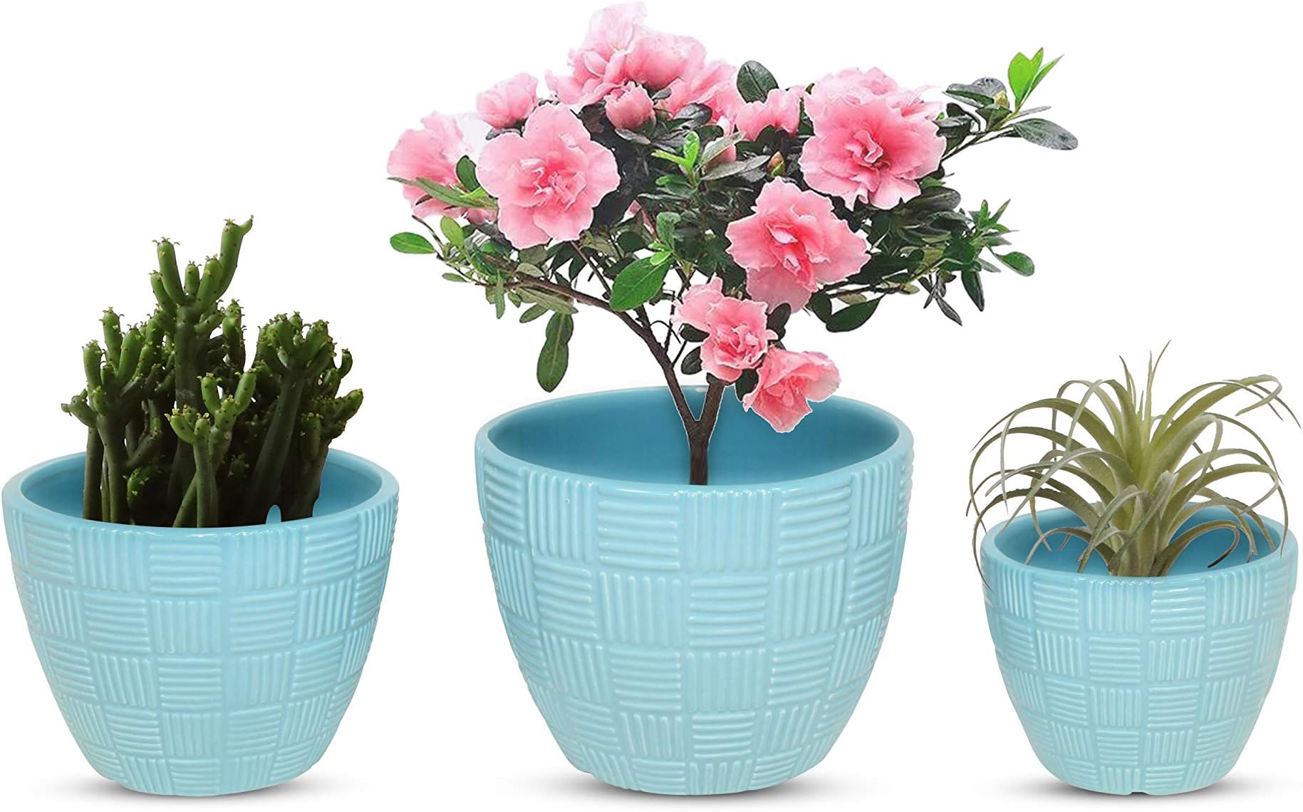 Last Week Offer 7+6+5 inch Naturish Flower Pot Set - Turquoise Glazed Ceramic Plant Pots with Drainage Hole and Accessories for Indoor and Garden Planters - Succulent Pots