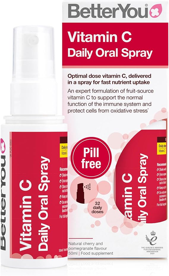 BetterYou Vitamin C Oral Spray, Fast Acting High Strength Vitamin C Supplement, Supports Immune System and Protect Cells from Oxidative Stress, 1-Month Supply, Natural Cherry &amp; Pomegranate Flavour