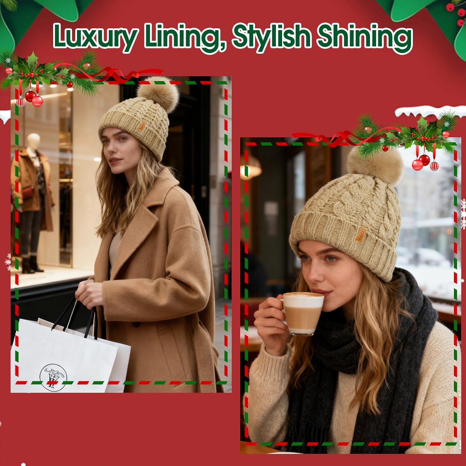 Donfri Womens Satin Lined Beanie Hats Winter Warm Pompom Silk Lining Hat Knit Skull Cap Beanie Gift - Image 3