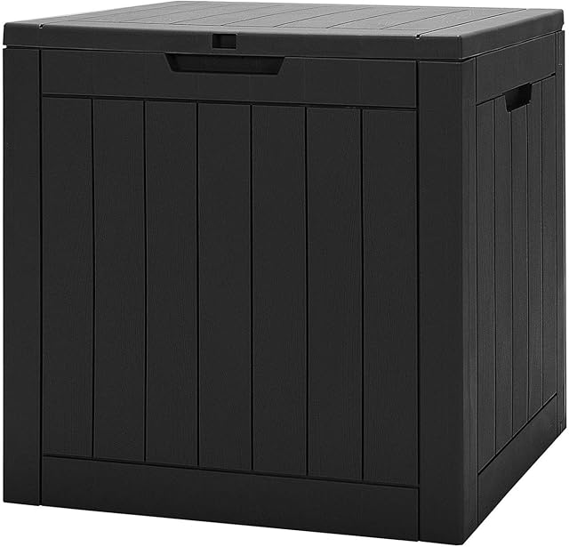TANGZON Lockable Garden Storage Box, Large Waterproof Outdoor Deck Box with Sit On Lid and Recessed Handle, Wood Effect Chest Bench Boxes for Patio Cushions, Tools, Toys & Pool Accessories (Black)