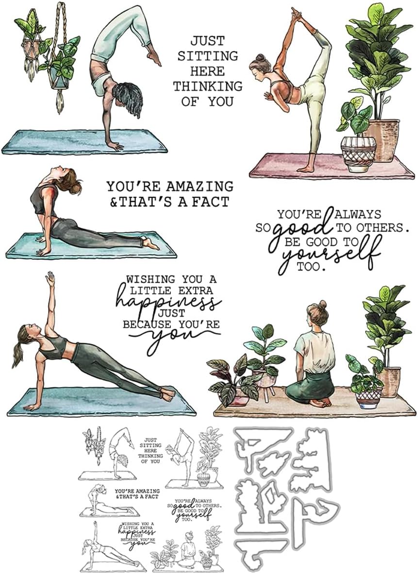 Yoga Woman Stamps and Die Cuts for Card Making Yoga Mat Plant Transparent Silicone Clear Stamp and Metal Cutting Dies Sets for DIY Scrapbooking Paper Crafting Seals Decorative Supplies