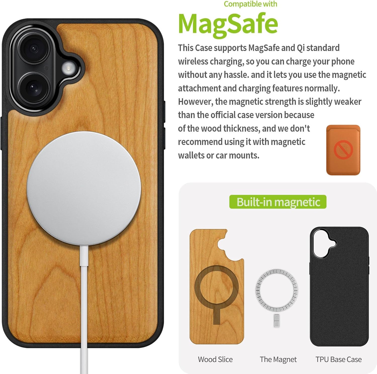 Carveit Magnetic Wooden Case for iPhone 17 Case, Wood Artisan Engraved & Black Soft TPU Shockproof Cover, Compatible with MagSafe Wireless Chargers (Natural Grain) Cherry