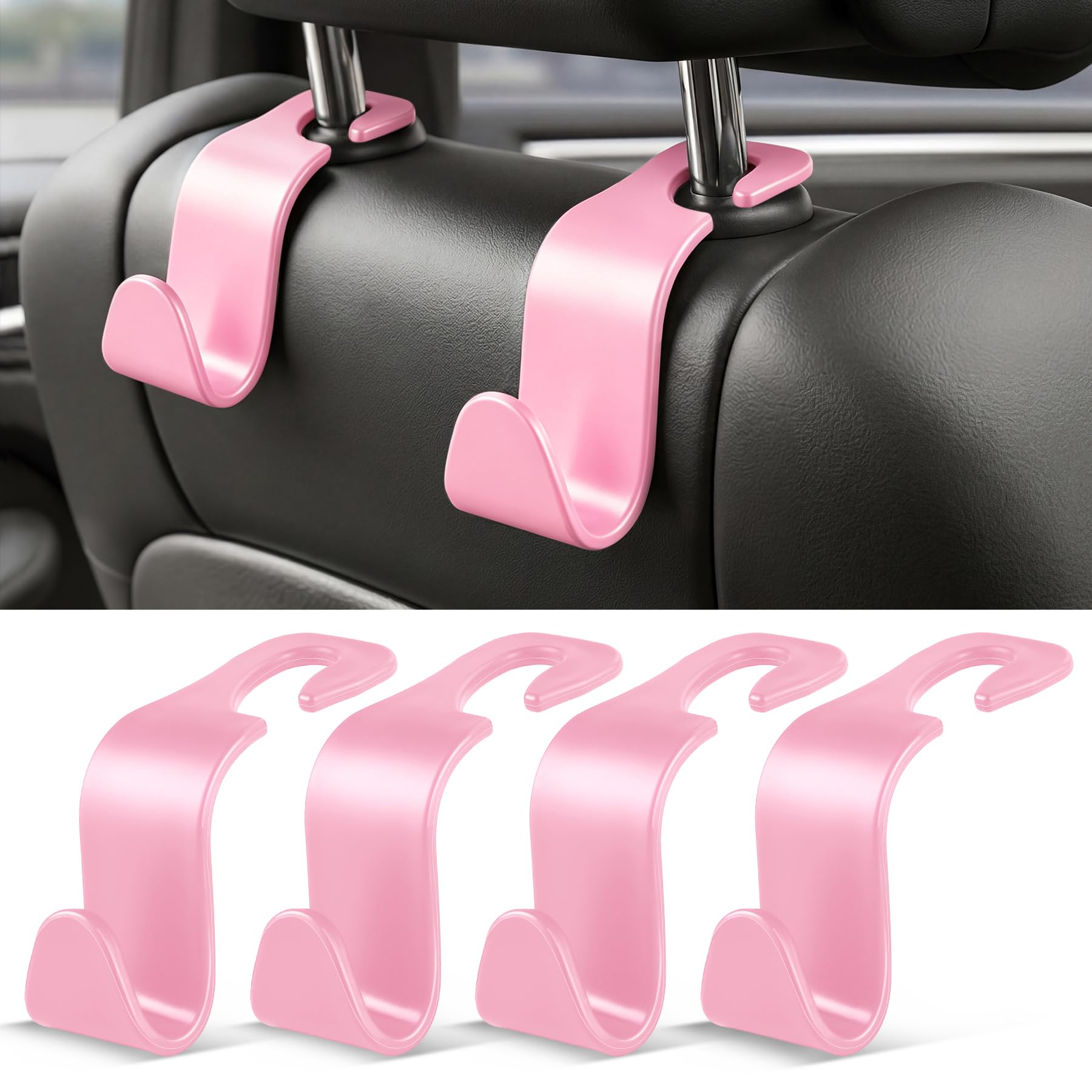 SINGARO 4 Pack Car Seat Headrest Hooks, Vehicle Back Seat Hanger Storage Organizer for Purse Handbag Backpack Coat Grocery, 360° Rotating Heavy Duty Holds 44lbs, Pink