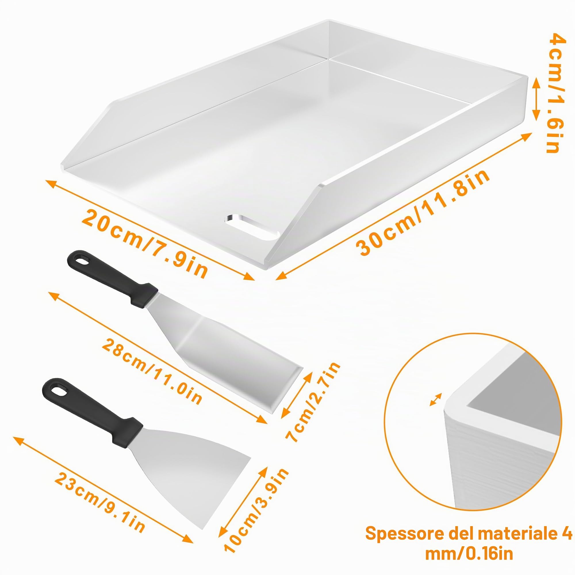 FIVMEN Plancha, piastra per barbecue in acciaio inox, 30 x 20 cm, universale, con 2 spatole, piastra in acciaio inox, per barbecue, barbecue a gas, griglia a carbonella
