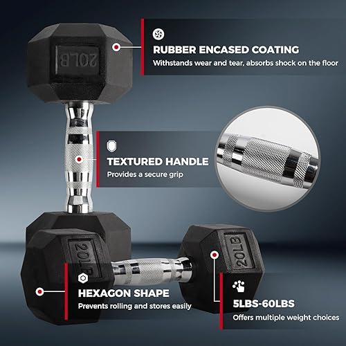 Miniatura 4 de RITFIT Juego de mancuernas hexagonales de goma de 650550450350300310260210200180150100 libras con soporte para mancuernas opcional, juego de pesas
