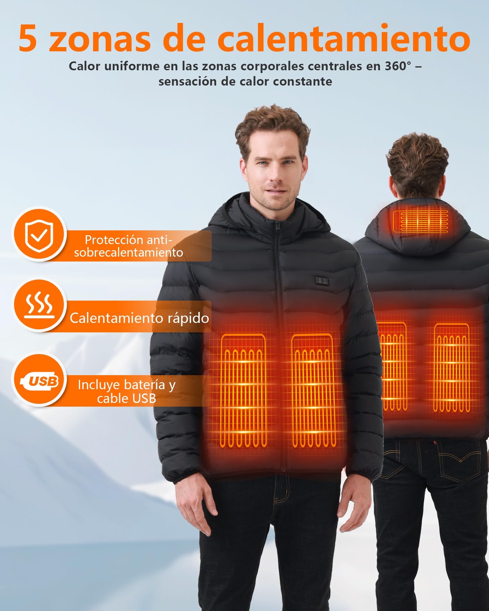 Chaqueta Calefactable Hombre con Batería 10000mAh, Chaquetas con Calefaccion con 5 Zonas, 3 Temperaturas, Control Doble, Ideal para Senderismo, Esquí y Acampar