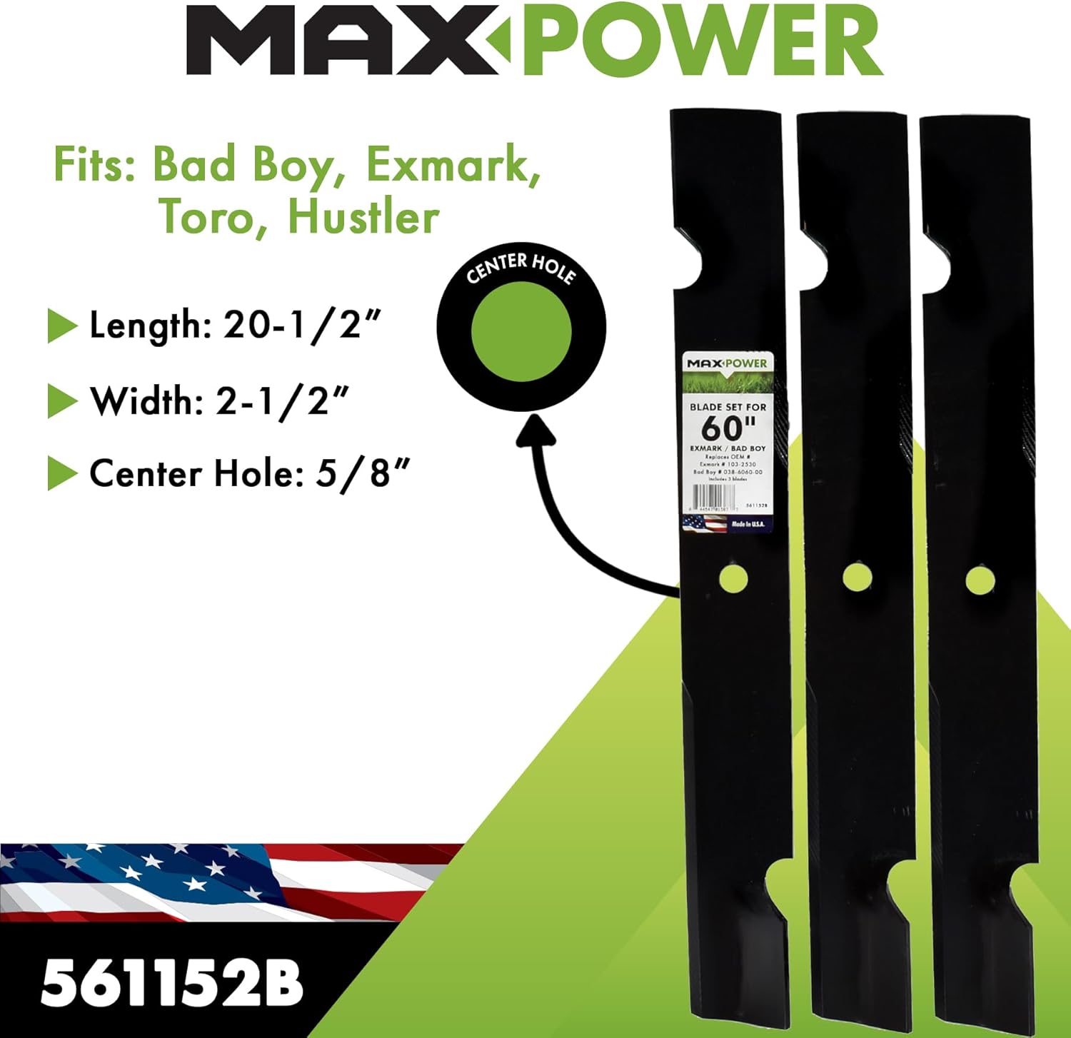 MaxPower 561152B 3 Blade Set for Many 60 in. Cut Exmark and Bad Boy Mowers Replaces OEM #'s 103-2530, 603992, 105-7718-03, 50-2814