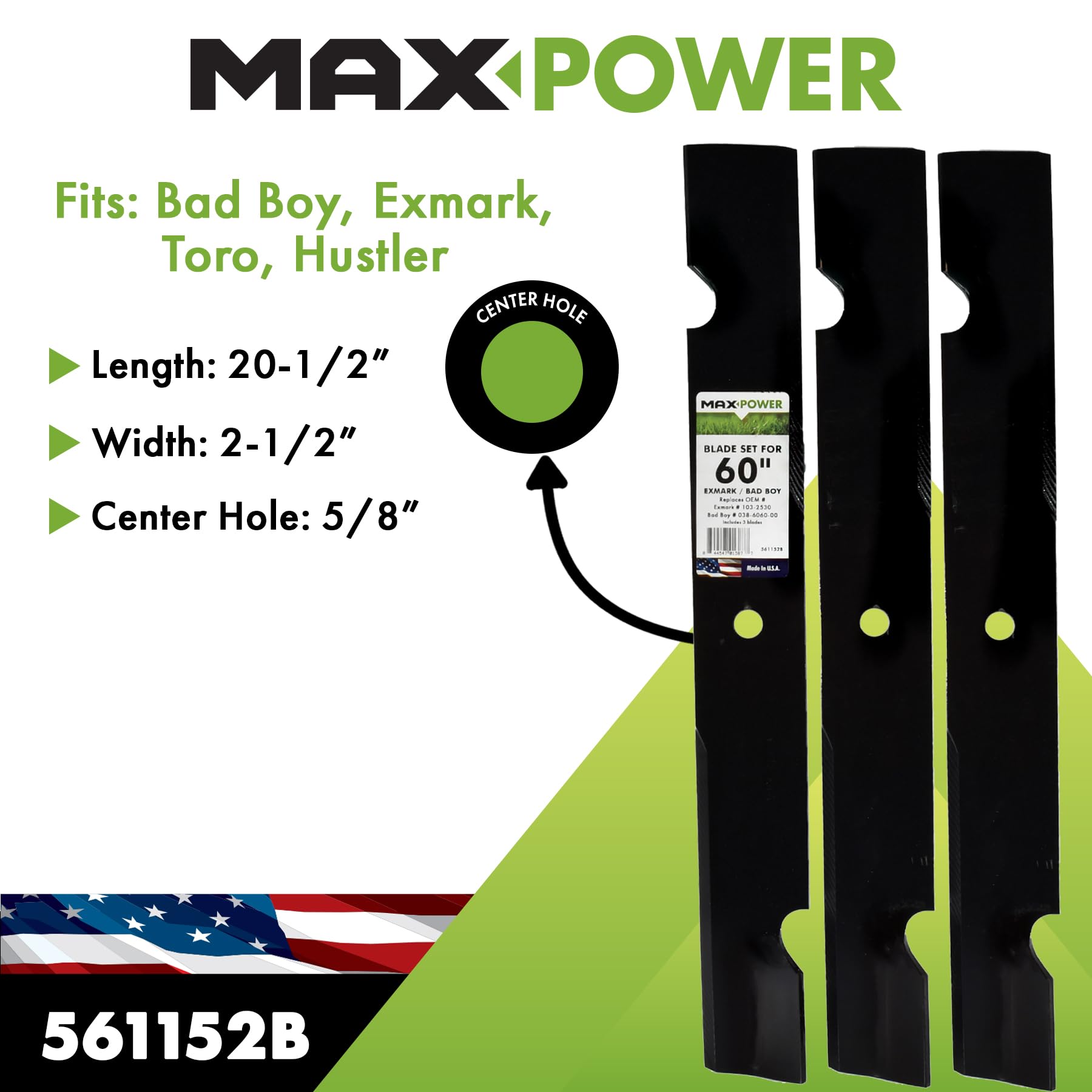 MAXPOWER 561152 - Juego de Cuchillas para cortadoras de exposiciones de Corte de 60" y cortacésped de Chico Malo, sustituye a OEM No. 103-2530, 038-6060-00, y Muchos Otros