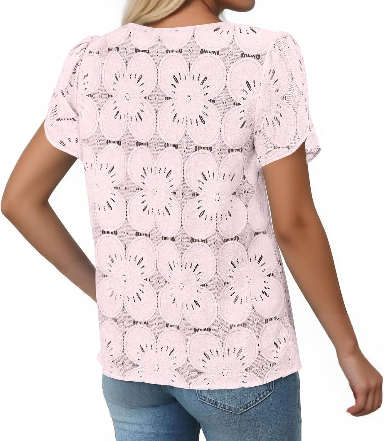Women Crochet Lace Blouses Casual Short Sleeve Boho Tops Eyelet Lace Spring Summer Shirts Beach Vacation Clothes