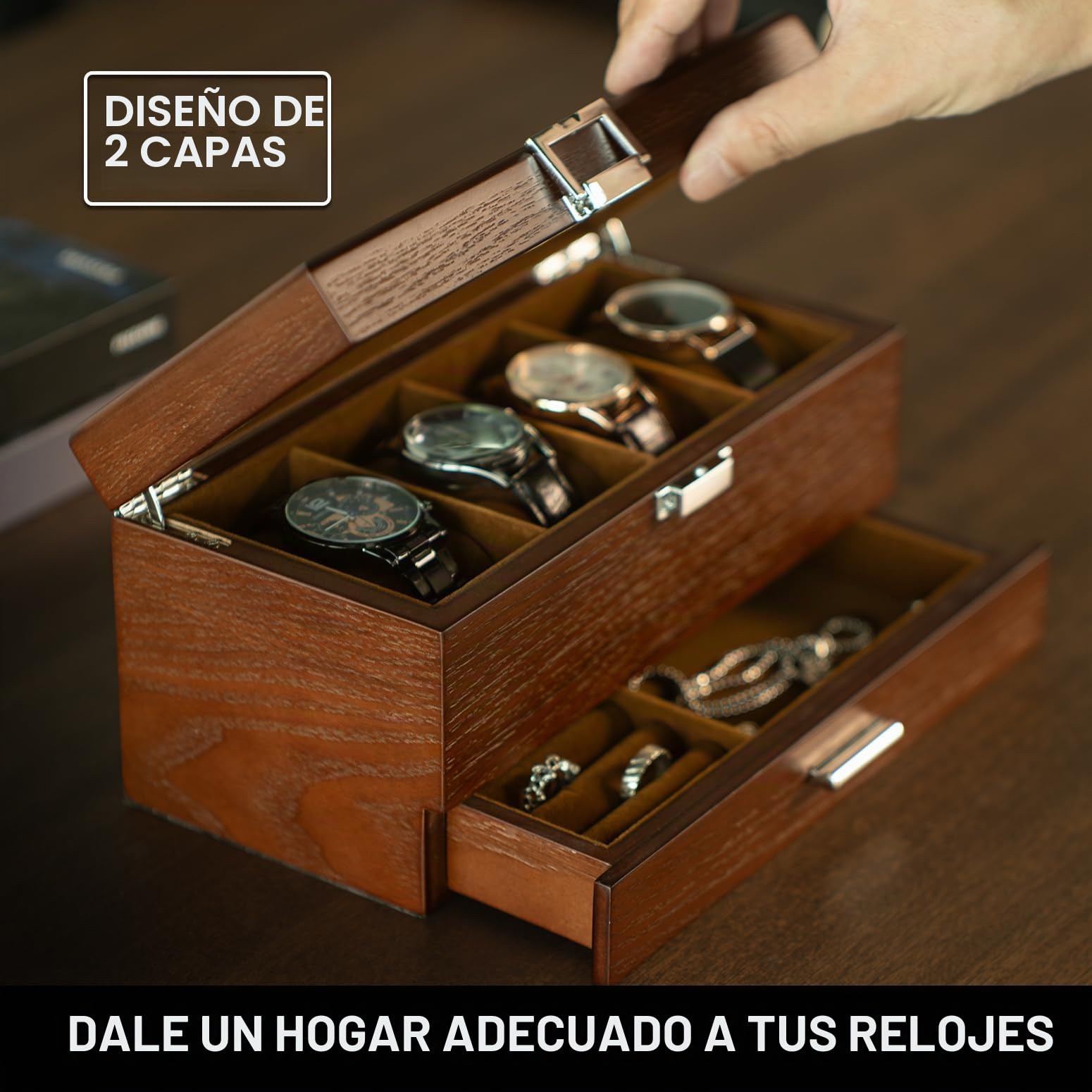Slege Caja de Relojes de Madera,con 4 Compartimentos de 2 Niveles,Caja para Relojes Hombre,Estuche Relojero Organizador con 1 Cajón,Cubierta de Vidrio,Organizador para Hombres y Mujeres Regalo,Marrón