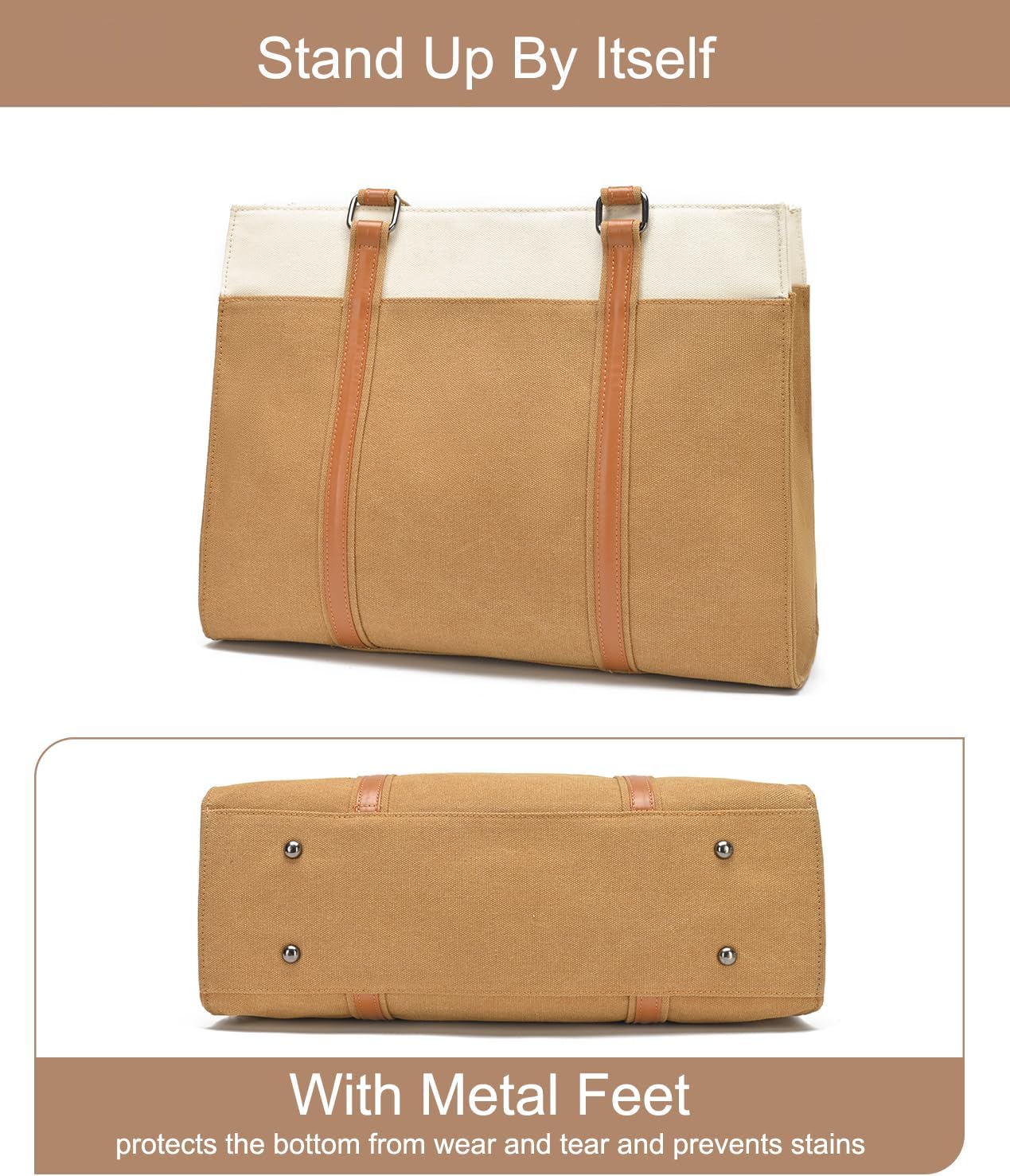 Barsine Women Laptop Tote Bag for Work Lightweight 15.6 Inch Canvas Two-Tone Satchel Handbag Purse - Image 2