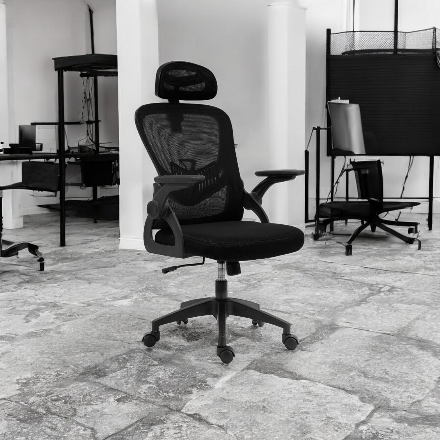 Sedia Ergonomica da Ufficio con Altezza Regolabile Braccioli Pieghevoli Nero