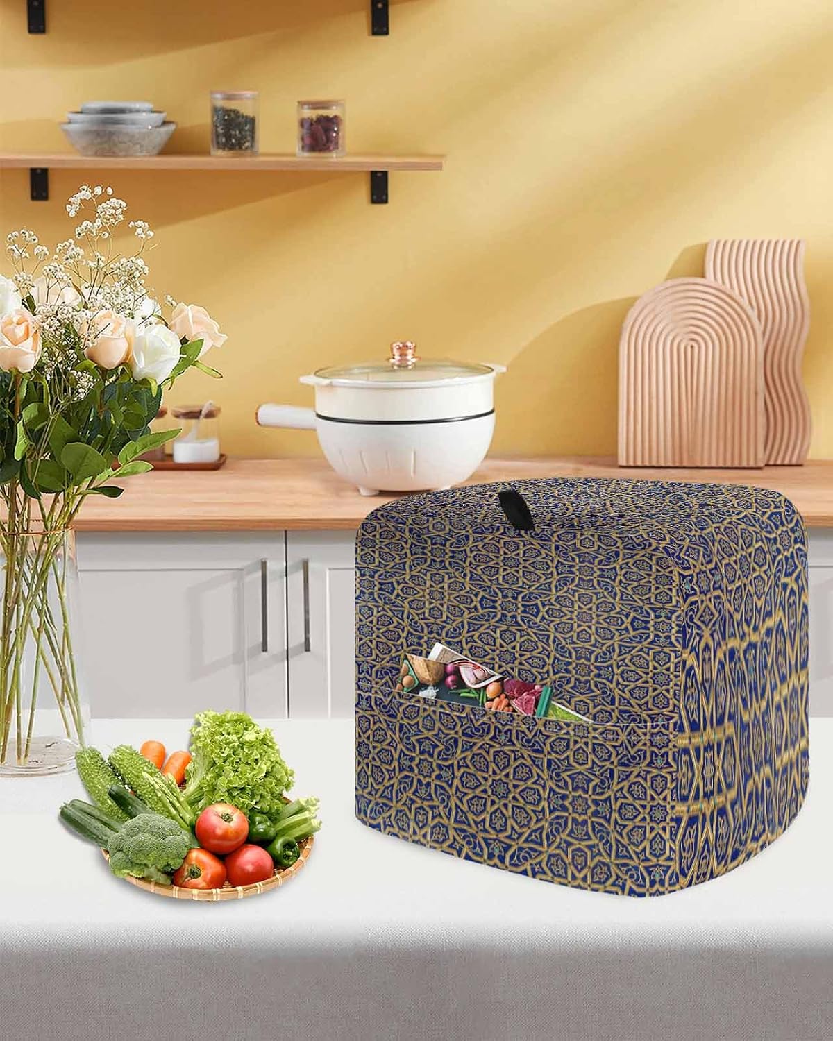 Vintage Mediterranean Stand Mixer Cover with Storage Pocket, Waterproof Kitchen Mixer Covers, Retro Morocco Abstract Art Brown Blue Kitchen Appliance Dust Cover Compatible with 5-8 Quart Mixers