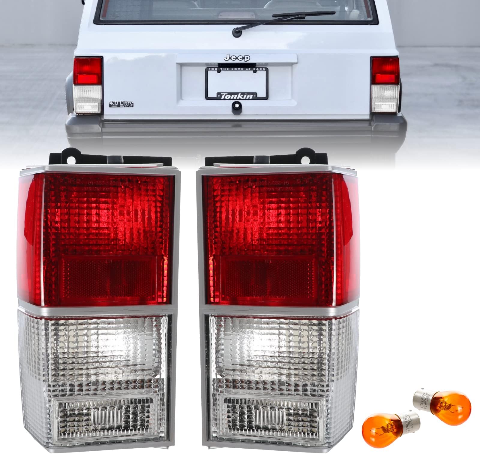 USR 84-96 XJ Tail Lights - Stock Replacement Euro Style Red/Clear Lens Rear Tail Lamps Set (Left + Right) Compatible with 1984-1996 Cherokee XJ