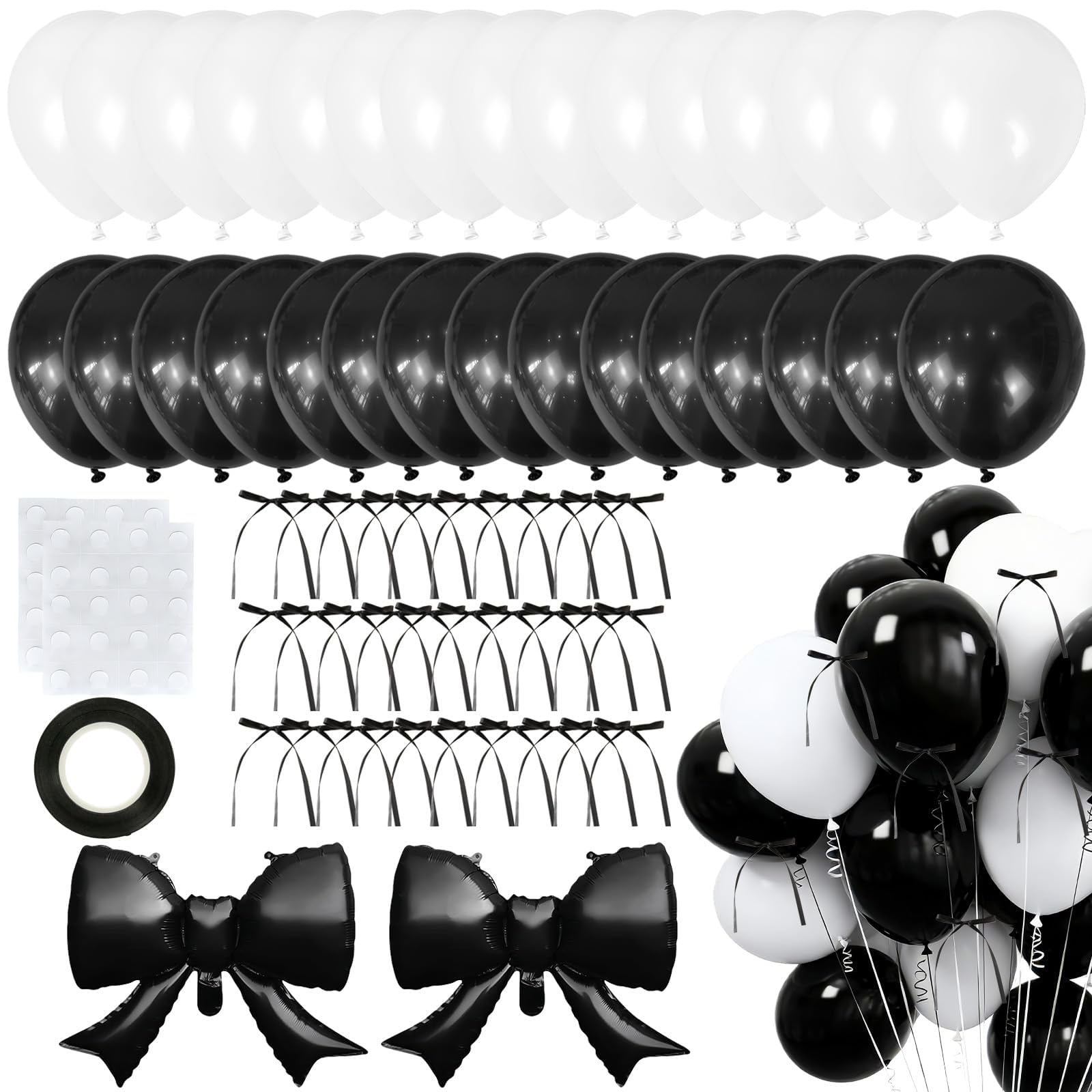 32 Pcs Black and White Balloons, Black Balloon Ribbon Bow Birthday Decorations Bow Party Decoration Glue Dots for Balloons Es Bow Balloonses with Happy Birthday