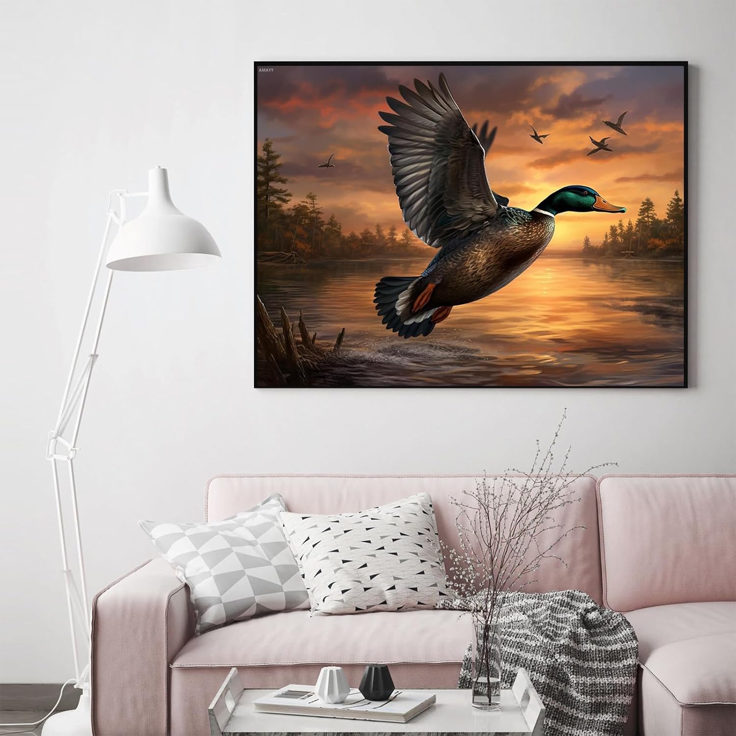 AMAYY Mallard Duck Flying Over Lake 5D Diamond Painting Kits Full Drill Round Diamond Art DIY Gems Paint by Diamond Number Kits for Beginners Mosaic Cross Stitch for Wall Decoration 30x40cm