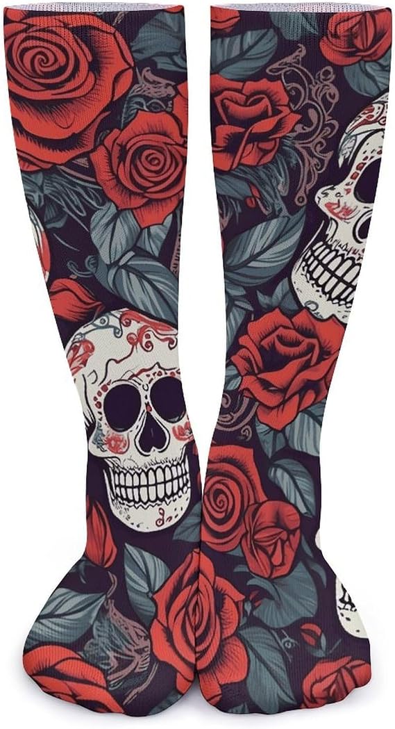 Sugar Skulls And Red Roses Socks Warm Thick Cozy Crew Hiking Boot Socks Casual Knee High Sock for Women Mom