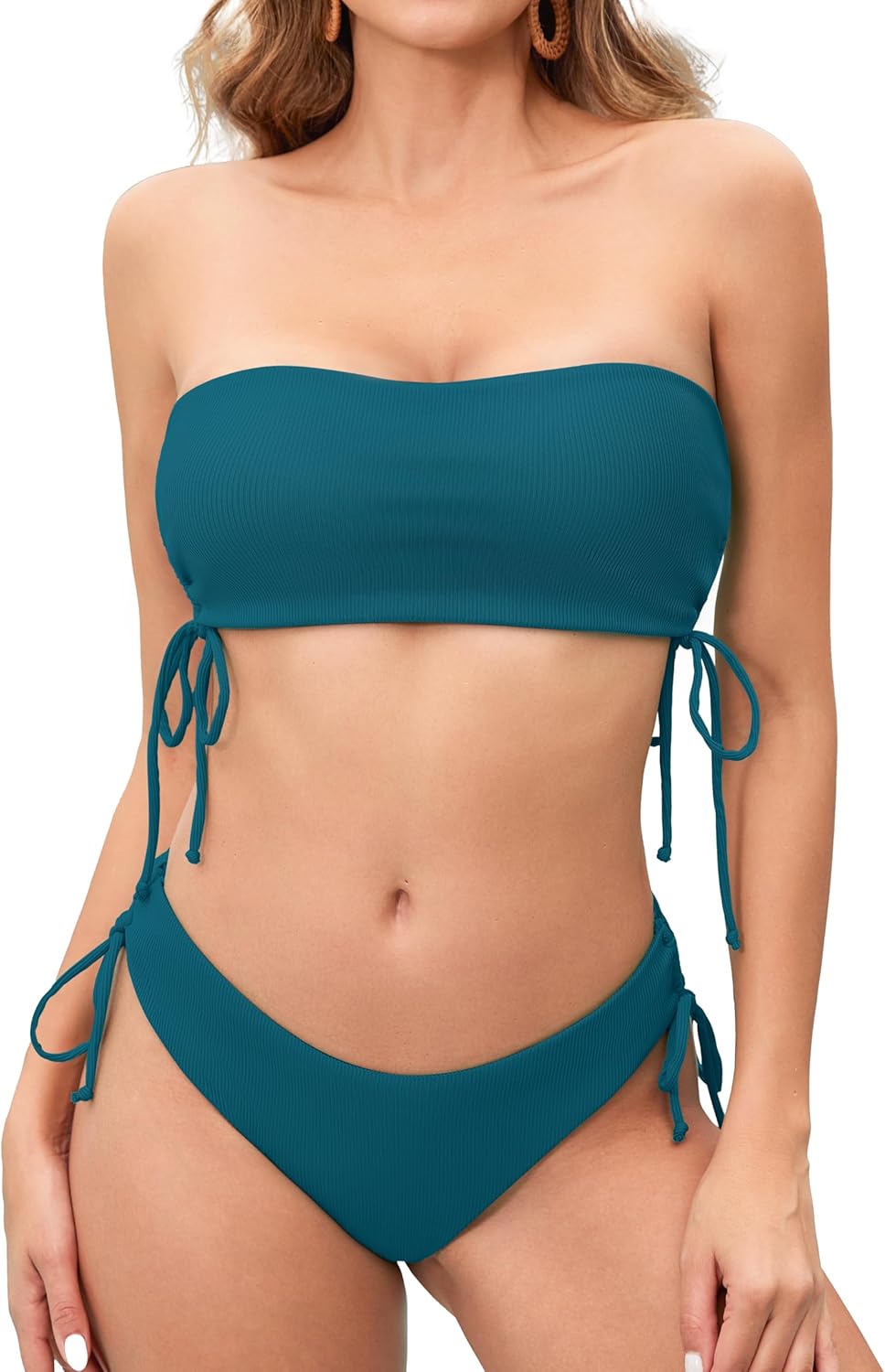Scacto Women's Two Piece Swimsuit Bating Suit Tie Side Ribbed Bandeau Bikini Set