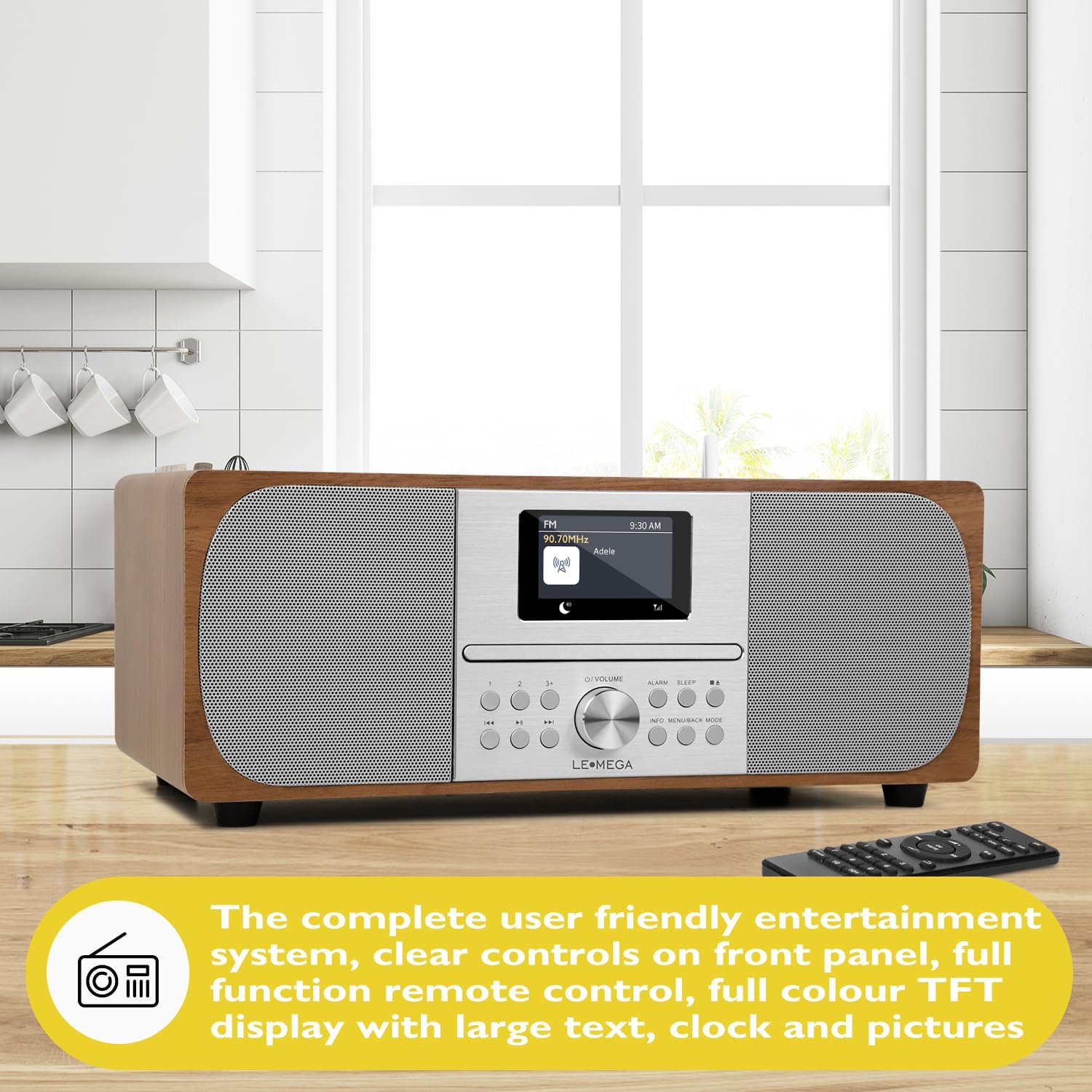 LEMEGA MSY6 Bluetooth Stereo System for Home I Powerful 100W CD Player I FM Radio I Bluetooth Audio Streaming I USB Player I Aux-in I Alarms&Clock I Colour Display I Acoustic Wood Cabinet-Walnut