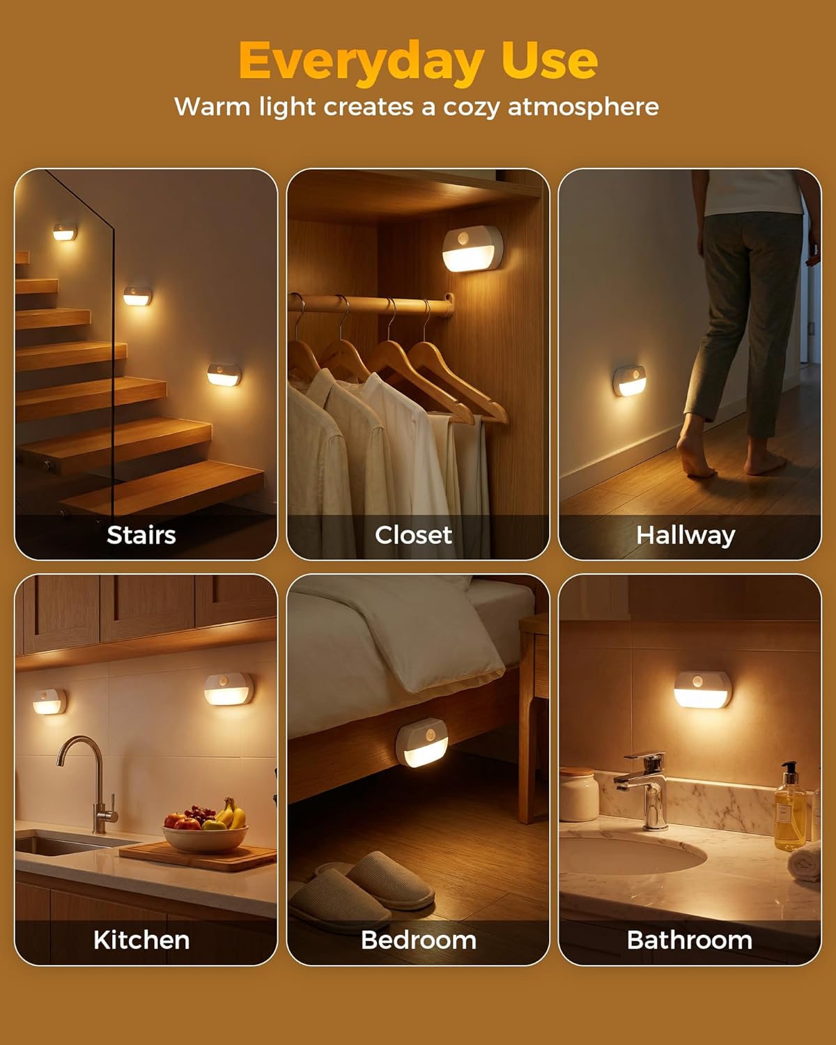 8 Pack Battery Motion Sensor Stair Lights, Indoor Hallway Light, Wireless Step Night Light, Battery Operated LED Toilet Lights for Stairway Closet Bedroom Bathroom