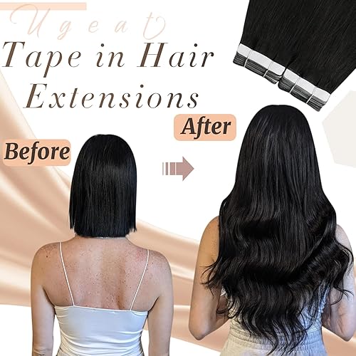 Miniatura 2 de Ugeat Extensiones de cabello humano con cinta adhesiva de doble cara, extensiones invisibles de cabello humano lacio, color negro natural,